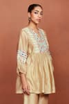 Buy_Sue Mue_Beige Chanderi Silk Embroidery, Beads V-neck Vee Tie-up Top And Pant Set _Online_at_Aza_Fashions