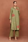 Buy_Sue Mue_Olive Green Silk Embroidery, Sequins Collared Bhu Rose Tunic And Pant Set _at_Aza_Fashions