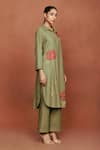 Shop_Sue Mue_Olive Green Silk Embroidery, Sequins Collared Bhu Rose Tunic And Pant Set _Online_at_Aza_Fashions