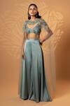Shop_Jiya by Veer Design Studio_Aqua Satin Sequins, Beads, Feathers Round Dusty Mint Dream Cape Lehenga Set _at_Aza_Fashions
