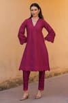 Buy_ASRUMO_Magenta Cotton, Chiffon Embroidery, Lace Split V-neck Schiffli Pattern Kurta Set 