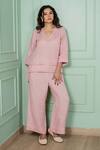 Shop_Gothilo_Pink Linen Lace V-neck Flamingo Top And Pant Set 