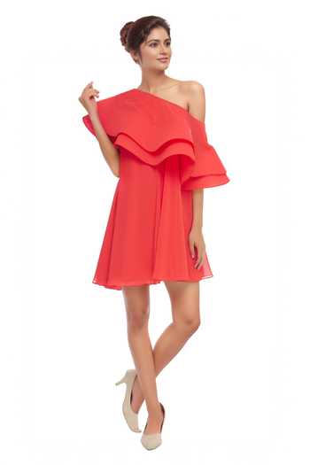 Buy_Gauri & Nainika_Coral Viscose Georgette Asymmetrical Layered Ruffle Dress _at_Aza_Fashions