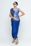 Buy_SOBARIKO_Blue Brocade, Silk V-neck Alia Gilet With Asymmetric Dress _at_Aza_Fashions