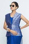 SOBARIKO_Blue Brocade, Silk V-neck Alia Gilet With Asymmetric Dress _at_Aza_Fashions