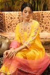 Shop_Surabhi Arya_Yellow Silk, Organza Embroidery, Applique V-neck Hand Kurta Set _Online_at_Aza_Fashions