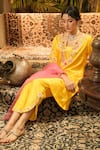 Buy_Surabhi Arya_Yellow Silk, Organza Embroidery, Applique V-neck Hand Kurta Set _at_Aza_Fashions