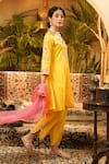 Surabhi Arya_Yellow Silk, Organza Embroidery, Applique V-neck Hand Kurta Set _at_Aza_Fashions