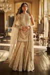 Buy_Seema Gujral_Gold Tissue, Silk Embroidery, Stones, Crystals, Champagne Emerald Sharara Set _at_Aza_Fashions