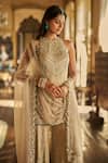 Buy_Seema Gujral_Gold Tissue, Silk Embroidery, Stones, Crystals, Champagne Emerald Sharara Set _Online_at_Aza_Fashions