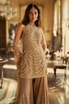 Shop Seema Gujral Brown Tissue, Silk Stones, Sequins, Caramel Embroidered Kurta Sharara Set Online at Aza Fashions Shop_Seema Gujral_Brown Tissue, Silk Stones, Sequins, Caramel Embroidered Kurta Sharara Set _Online_at_Aza_Fashions