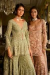 Seema Gujral Pink Net Embroidery, Pearls, Sequins, Crystals, Tassels Dusty Rose Sharara Set at Aza Fashions Seema Gujral_Pink Net Embroidery, Pearls, Sequins, Crystals, Tassels Dusty Rose Sharara Set _at_Aza_Fashions