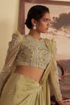 Buy_Jade By Ashima_Green Crepe, Net Pearls, Embroidery Willow Whisper Pre-draped Saree With Blouse _Online_at_Aza_Fashions