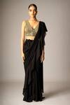 Vivek Patel_Black Georgette, Dupion Embroidery, Zar Pre-draped Saree With 3d Work Blouse _Online_at_Aza_Fashions