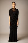 Buy_Vivek Patel_Black Tulle, Georgette Embroidery, Applique Round Neck Calla Draped Gown _at_Aza_Fashions