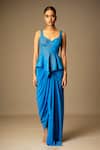 Buy Vivek Patel Blue Dupion, Silk, Crepe Beads, Embroidery Nysa Peplum Top And Draped Skirt Set at Aza Fashions Buy_Vivek Patel_Blue Dupion, Silk, Crepe Beads, Embroidery Nysa Peplum Top And Draped Skirt Set _at_Aza_Fashions