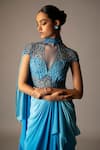 Vivek Patel_Blue Silk, Crepe, Tulle Beads, Embroidery High Neck, Cyan Ombre Saree Gown _Online_at_Aza_Fashions