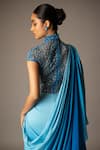 Buy_Vivek Patel_Blue Silk, Crepe, Tulle Beads, Embroidery High Neck, Cyan Ombre Saree Gown _Online_at_Aza_Fashions