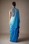 Shop_Vivek Patel_Blue Silk, Crepe, Tulle Beads, Embroidery High Neck, Cyan Ombre Saree Gown _at_Aza_Fashions
