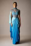 Shop_Vivek Patel_Blue Silk, Crepe, Tulle Beads, Embroidery High Neck, Cyan Ombre Saree Gown _Online_at_Aza_Fashions
