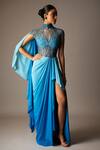 Buy_Vivek Patel_Blue Silk, Crepe, Tulle Beads, Embroidery High Neck, Cyan Ombre Saree Gown _at_Aza_Fashions