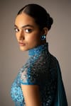 Vivek Patel_Blue Silk, Crepe, Tulle Beads, Embroidery High Neck, Cyan Ombre Saree Gown _at_Aza_Fashions