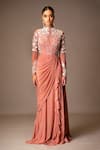 Buy_Vivek Patel_Orange Tulle, Crepe, Silk Pearls, Beads, Aurel Embellished Ruffle Saree Gown _at_Aza_Fashions