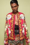 MR. Ajay Kumar_Pink Cotton Satin, Lycra Wild Monarch Print Bomber Jacket _at_Aza_Fashions