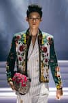 Buy_MR. Ajay Kumar_Green Cotton Satin, Lycra Echoes Print Bomber Jacket _Online_at_Aza_Fashions