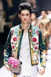 Shop_MR. Ajay Kumar_Green Cotton Satin, Lycra Echoes Print Bomber Jacket _Online_at_Aza_Fashions