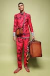 MR. Ajay Kumar_Red Cotton Satin, Lycra Juoy Double Breasted Printed Blazer _Online_at_Aza_Fashions