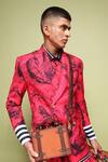 Shop_MR. Ajay Kumar_Red Cotton Satin, Lycra Juoy Double Breasted Printed Blazer 