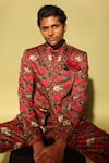 MR. Ajay Kumar_Red Cotton Satin, Lycra Roman Double Breasted Printed Blazer _at_Aza_Fashions