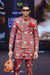 Shop_MR. Ajay Kumar_Red Cotton Satin, Lycra Roman Double Breasted Printed Blazer 