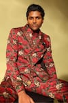 Shop_MR. Ajay Kumar_Red Cotton Satin, Lycra Roman Double Breasted Printed Blazer _Online
