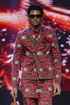 MR. Ajay Kumar_Red Cotton Satin, Lycra Roman Double Breasted Printed Blazer 