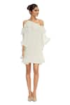 Buy_Gauri & Nainika_White Viscose Georgette Asymmetric Cold Shoulder Ruffle Dress _at_Aza_Fashions