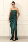 Buy_Omal Sindwani_Emerald Green Satin Beads, Metallic Thread Sweetheart Neck Siren Gown _at_Aza_Fashions