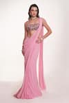 Buy_Anshika Tak Label_Pink Georgette, Net Mirrors, Geometric Mirrorwork Blouse With Pre-draped Saree _at_Aza_Fashions