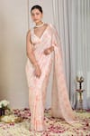 Buy_House Of Karmah_Pink Satin, Georgette, Blush Meadow Floral Print Pre-draped Saree With Blouse _at_Aza_Fashions
