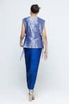 Shop_SOBARIKO_Blue Brocade, Silk V-neck Alia Gilet With Asymmetric Dress _at_Aza_Fashions
