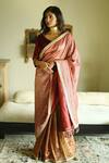 Shorshe Clothing_Red Tissue Lace, Tassels Irum Meena Stripes Woven Saree _Online_at_Aza_Fashions