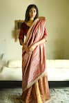 Buy_Shorshe Clothing_Red Tissue Lace, Tassels Irum Meena Stripes Woven Saree _at_Aza_Fashions