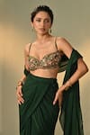 Cedar & Pine_Green Chinon, Dupion Beads, Sequins, Rang Pre-draped Saree With Blouse _Online_at_Aza_Fashions