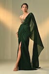 Buy_Cedar & Pine_Green Chinon, Dupion Beads, Sequins, Rang Pre-draped Saree With Blouse _at_Aza_Fashions
