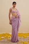 Cedar & Pine_Purple Georgette Beads, Sequins Floral Print Pre-draped Saree With Blouse _Online_at_Aza_Fashions