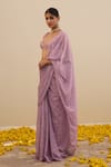 Buy_Cedar & Pine_Purple Georgette Beads, Sequins Floral Print Pre-draped Saree With Blouse _Online_at_Aza_Fashions