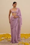 Buy_Cedar & Pine_Purple Georgette Beads, Sequins Floral Print Pre-draped Saree With Blouse _at_Aza_Fashions