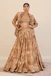 Buy_Cedar & Pine_Gold Brocade, Tulle Foil Printing, Beads, Mirage Printed Jacket Lehenga Set _at_Aza_Fashions