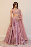 Buy_Cedar & Pine_Pink Organza, Tulle Foil Printing, Embroidery, Sequins Rose Lehenga Set _at_Aza_Fashions